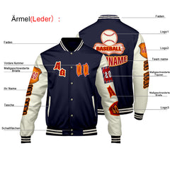 Maßgeschneiderte Marine Orange Letterman Varsity Jacket Individuelle Stickerei  Druck nach Ihrem Wunsch