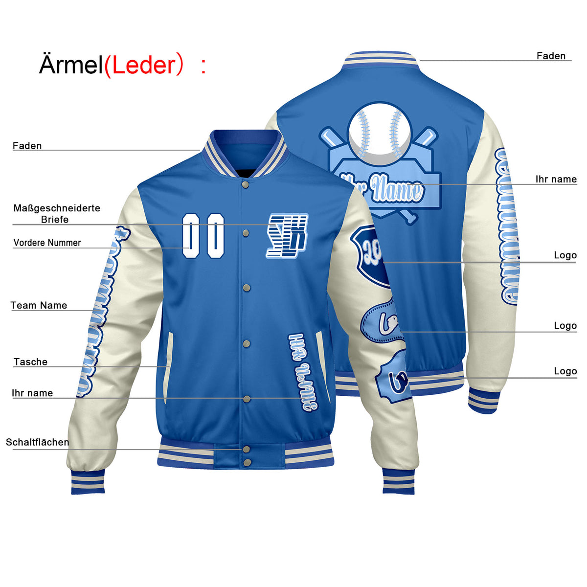Maßgeschneiderte Blau Weiß Letterman Varsity Jacket Individuelle Stickerei  Druck nach Ihrem Wunsch