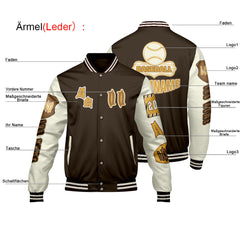 Maßgeschneiderte Braun Gelb Letterman Varsity Jacket Individuelle Stickerei  Druck nach Ihrem Wunsch