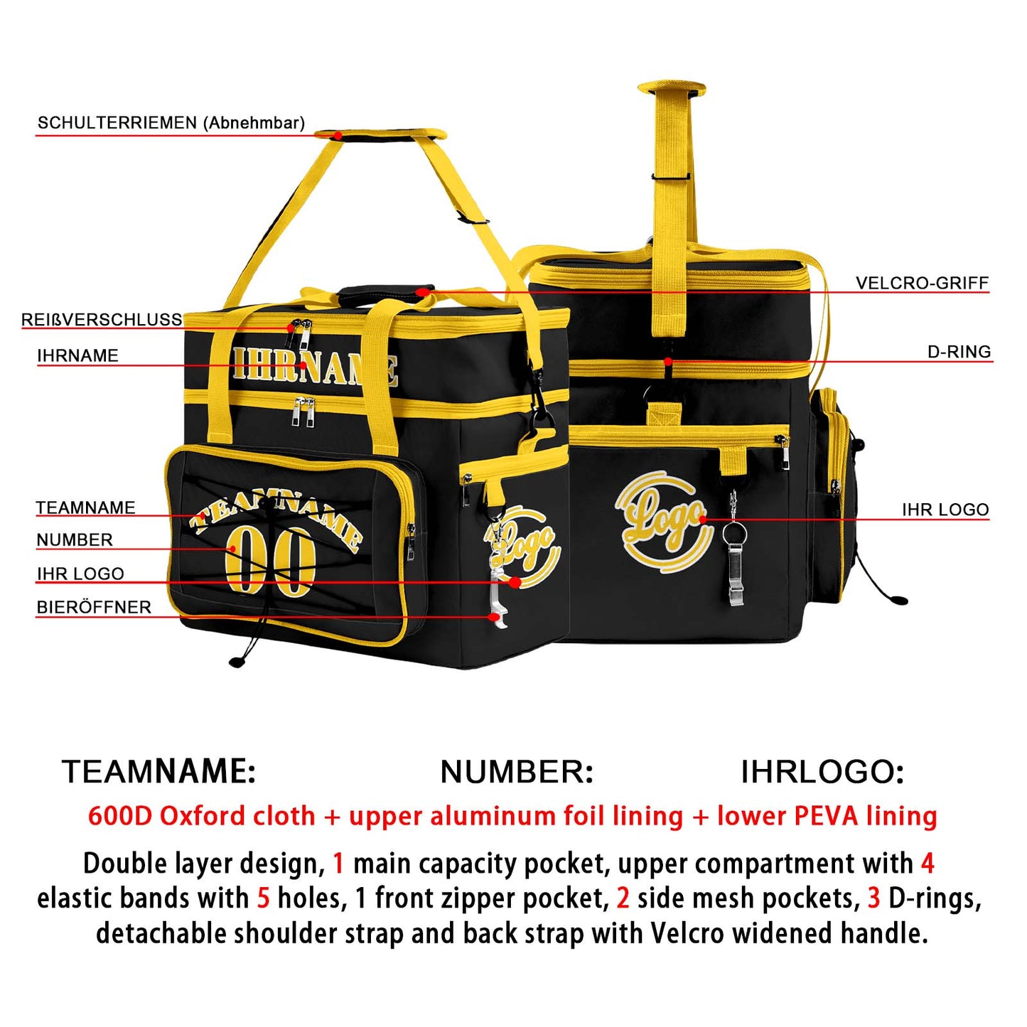 Maßgeschickerte Schwarz Gelb vollflächig bedruckte isolierte Kühltasche mit Doppelwand Wasserdichte 600D Oxford Picknick-Tragetasche für Teamevents & Outdoor-Grillen