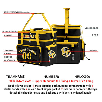 Maßgeschickerte Schwarz Gelb vollflächig bedruckte isolierte Kühltasche mit Doppelwand Wasserdichte 600D Oxford Picknick-Tragetasche für Teamevents & Outdoor-Grillen