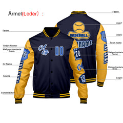 Maßgeschneiderte Marine Gelb Letterman Varsity Jacket Individuelle Stickerei  Druck nach Ihrem Wunsch