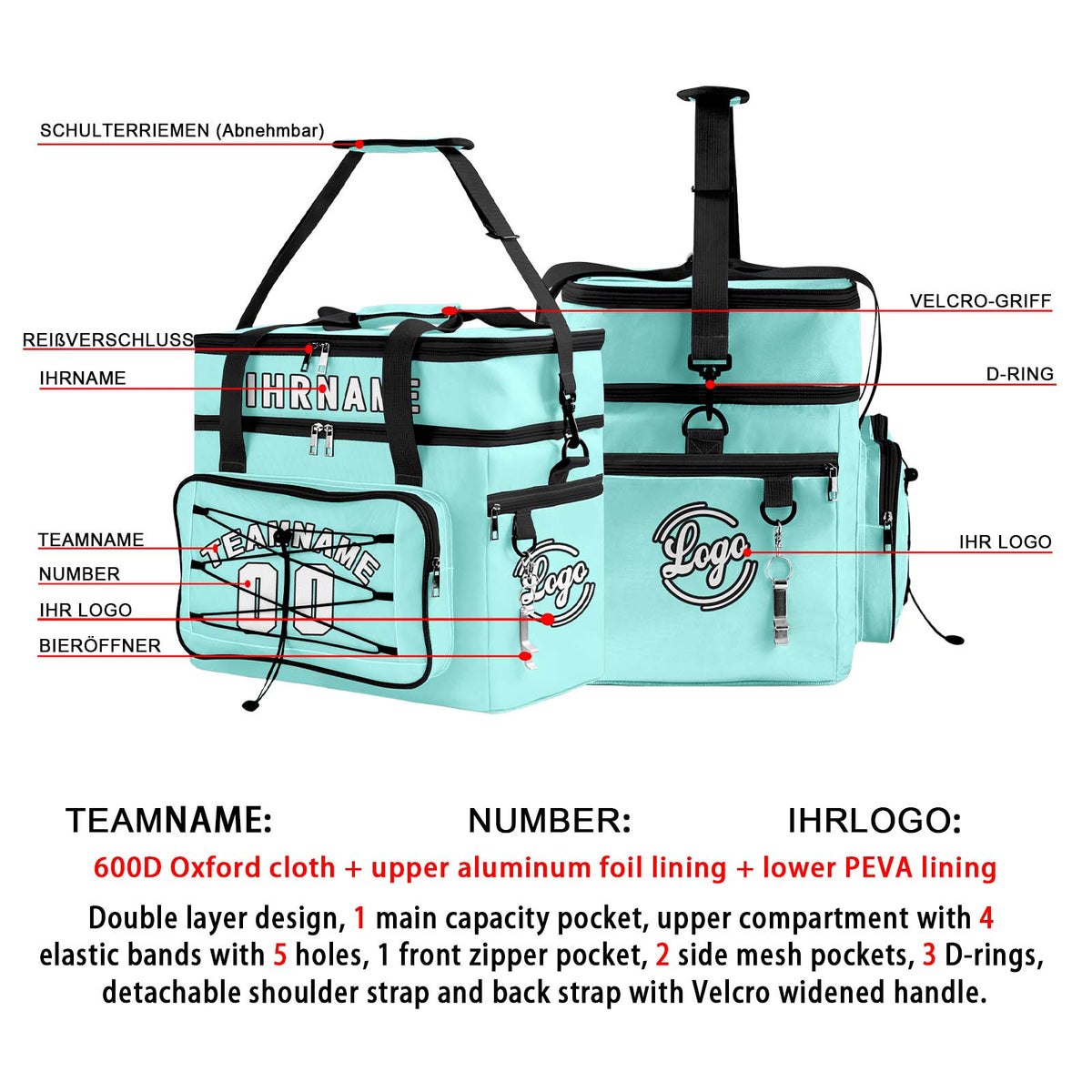 Maßgeschickerte Cyan Schwarz vollflächig bedruckte isolierte Kühltasche mit Doppelwand Wasserdichte 600D Oxford Picknick-Tragetasche für Teamevents & Outdoor-Grillen