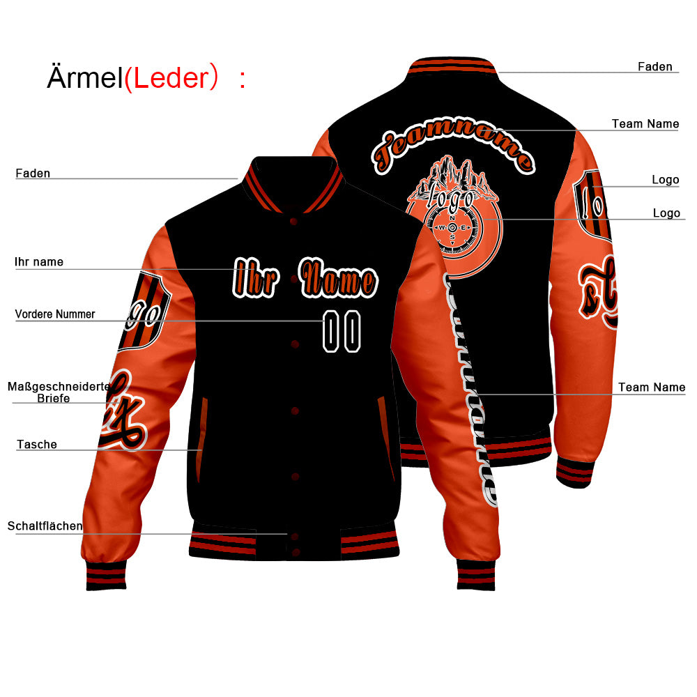 Maßgeschneiderte Schwarz Orange Letterman Varsity Jacket Individuelle Stickerei  Druck nach Ihrem Wunsch