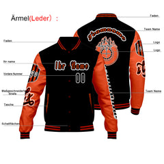 Maßgeschneiderte Schwarz Orange Letterman Varsity Jacket Individuelle Stickerei  Druck nach Ihrem Wunsch