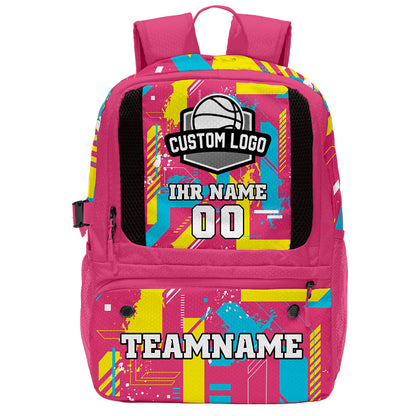 Personalisierter Basketball - und Fußballrucksack in Rosenrot & Blau und Gelb mit Spielernamen & Nummern und Teamlogo #BP-0919-0036