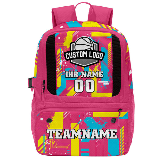Personalisierter Basketball - und Fußballrucksack in Rosenrot & Blau und Gelb mit Spielernamen & Nummern und Teamlogo #BP-0919-0036