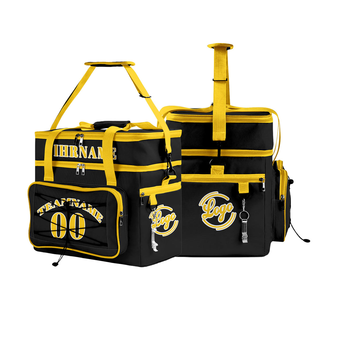 Maßgeschickerte Schwarz Gelb vollflächig bedruckte isolierte Kühltasche mit Doppelwand Wasserdichte 600D Oxford Picknick-Tragetasche für Teamevents & Outdoor-Grillen