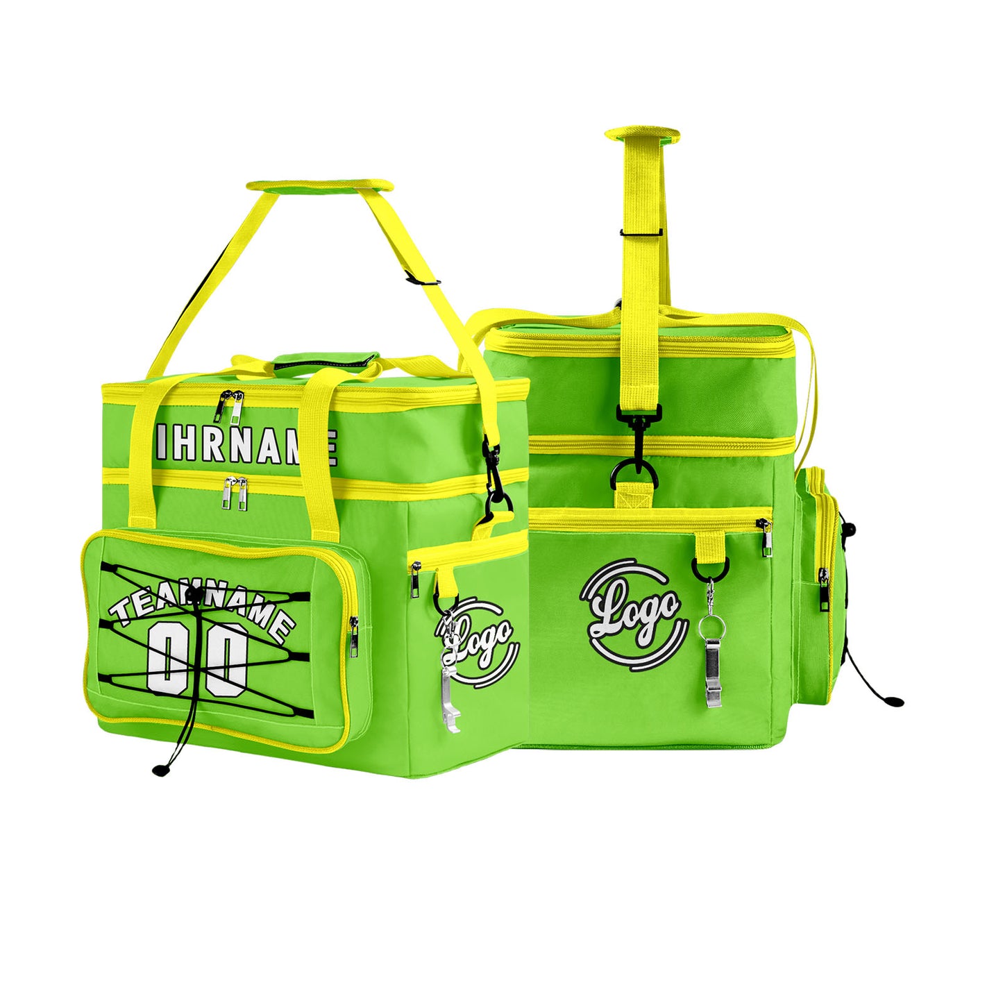 Maßgeschickerte Grün Gelb vollflächig bedruckte isolierte Kühltasche mit Doppelwand Wasserdichte 600D Oxford Picknick-Tragetasche für Teamevents & Outdoor-Grillen