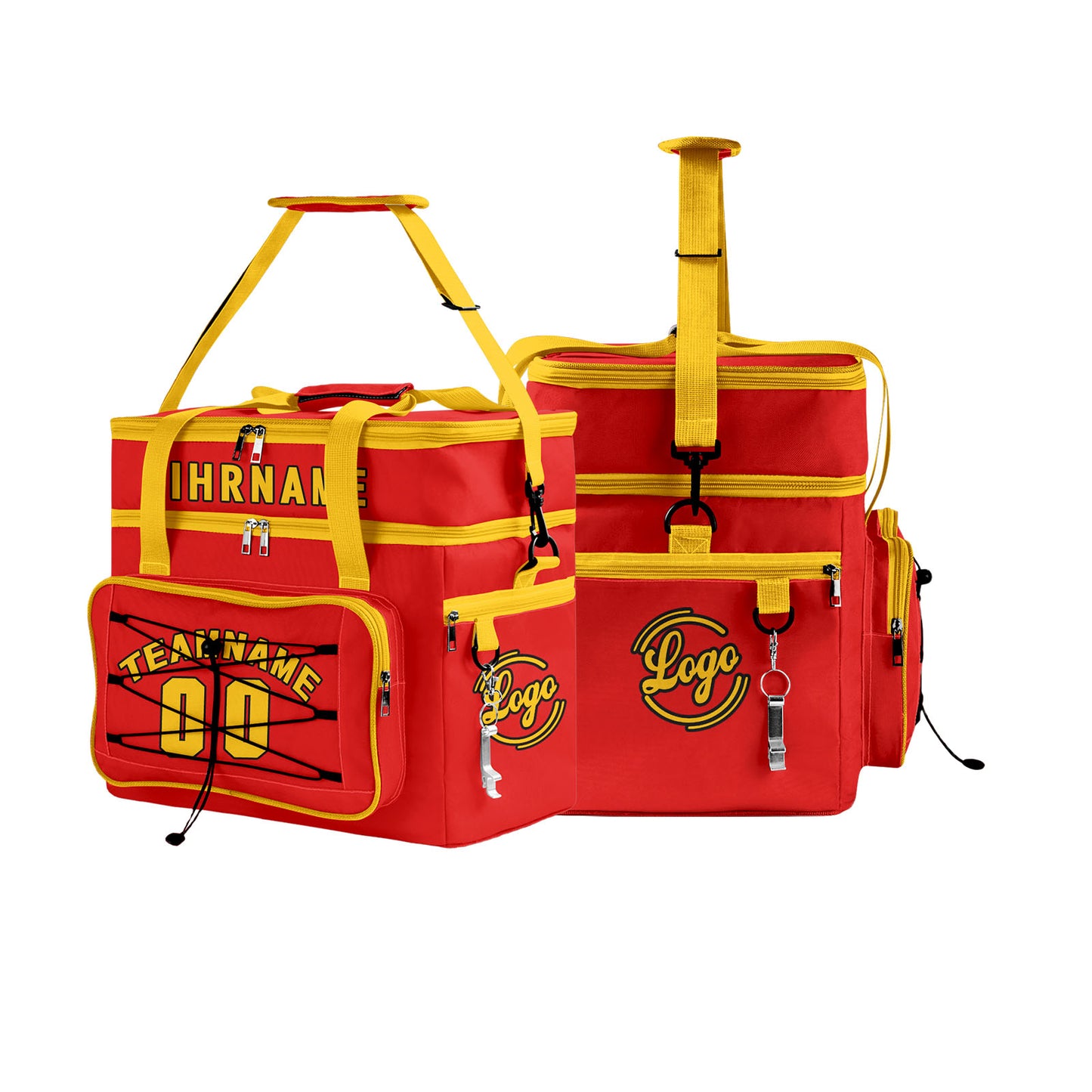Maßgeschickerte Rot Gelb vollflächig bedruckte isolierte Kühltasche mit Doppelwand Wasserdichte 600D Oxford Picknick-Tragetasche für Teamevents & Outdoor-Grillen