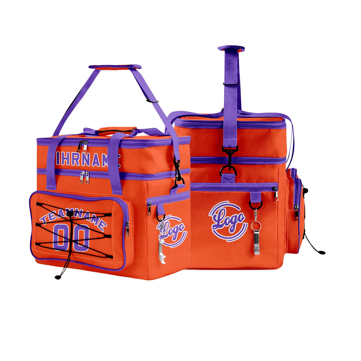 Maßgeschickerte Orange Lila vollflächig bedruckte isolierte Kühltasche mit Doppelwand Wasserdichte 600D Oxford Picknick-Tragetasche für Teamevents & Outdoor-Grillen