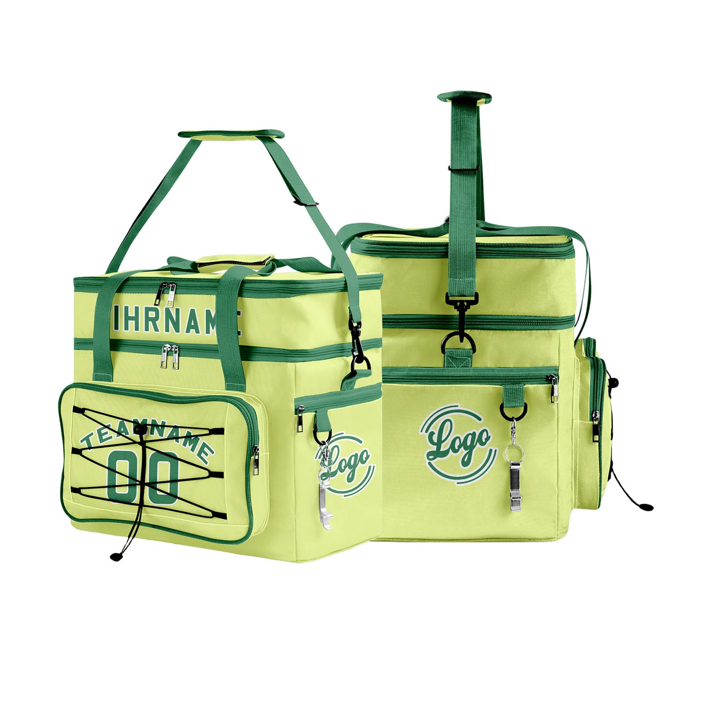 Maßgeschickerte Grün Weiß vollflächig bedruckte isolierte Kühltasche mit Doppelwand Wasserdichte 600D Oxford Picknick-Tragetasche für Teamevents & Outdoor-Grillen