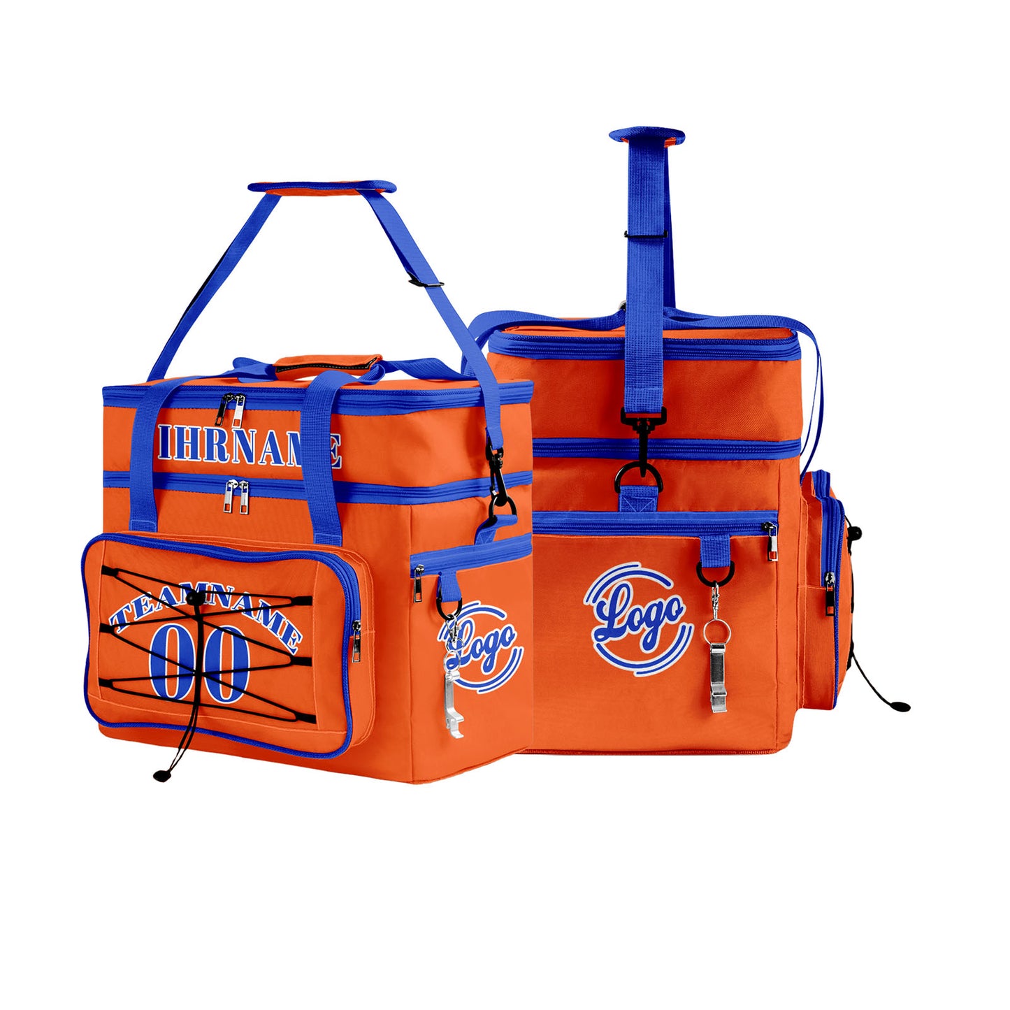 Maßgeschickerte Orange Blau vollflächig bedruckte isolierte Kühltasche mit Doppelwand Wasserdichte 600D Oxford Picknick-Tragetasche für Teamevents & Outdoor-Grillen