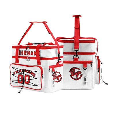 Maßgeschickerte Weiß Rot vollflächig bedruckte isolierte Kühltasche mit Doppelwand Wasserdichte 600D Oxford Picknick-Tragetasche für Teamevents & Outdoor-Grillen