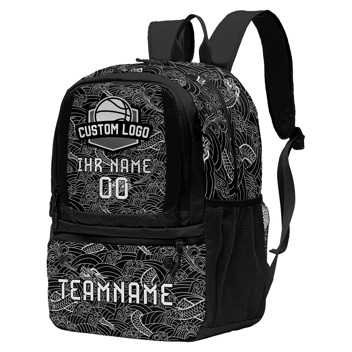 Personalisierter Basketball - und Fußballrucksack in Schwarz - Weiß mit Spielernamen & Nummern und Teamlogo #BP-0919-0004