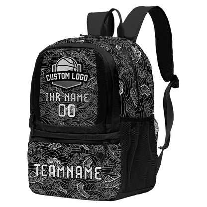 Personalisierter Basketball - und Fußballrucksack in Schwarz - Weiß mit Spielernamen & Nummern und Teamlogo #BP-0919-0004