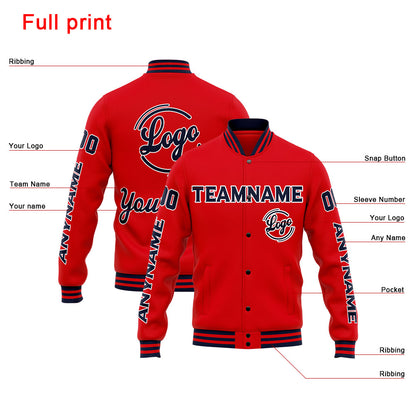 Benutzerdefinierte Varsity-Jacke. Letterman-Jacke für Männer, Frauen und Jugendliche Marine Rot