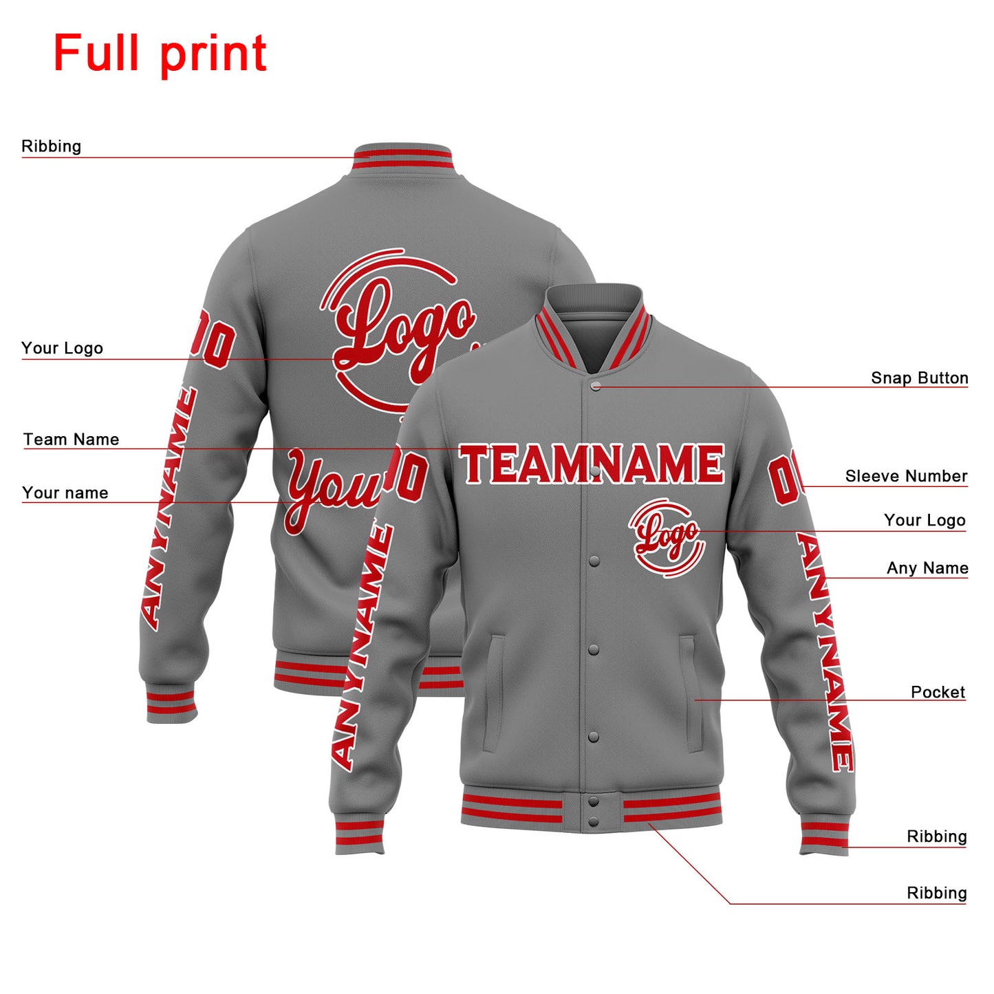 Benutzerdefinierte Varsity-Jacke. Letterman-Jacke für Männer, Frauen und Jugendliche Grau Rot