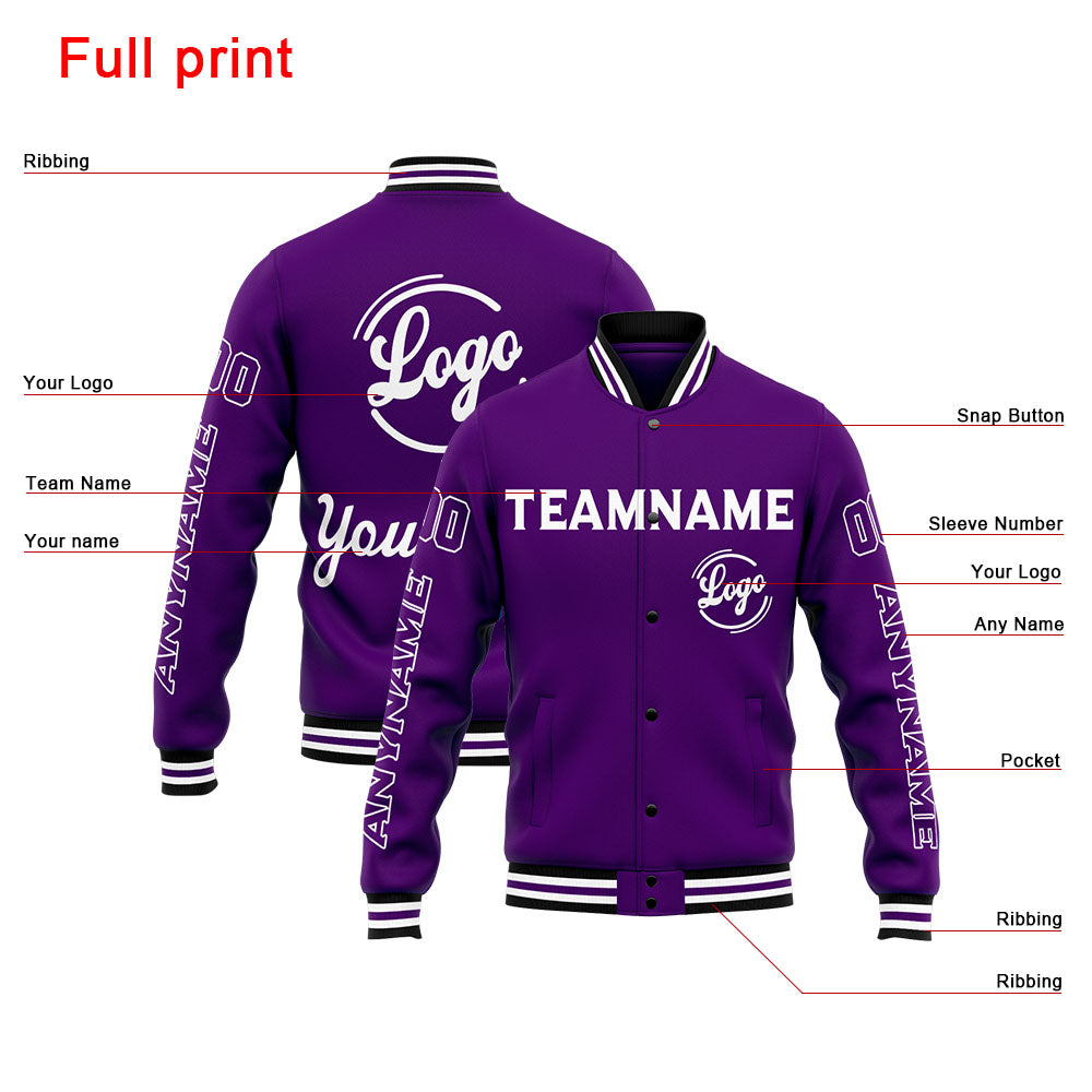 Benutzerdefinierte Varsity-Jacke. Letterman-Jacke für Männer, Frauen und Jugendliche Lila