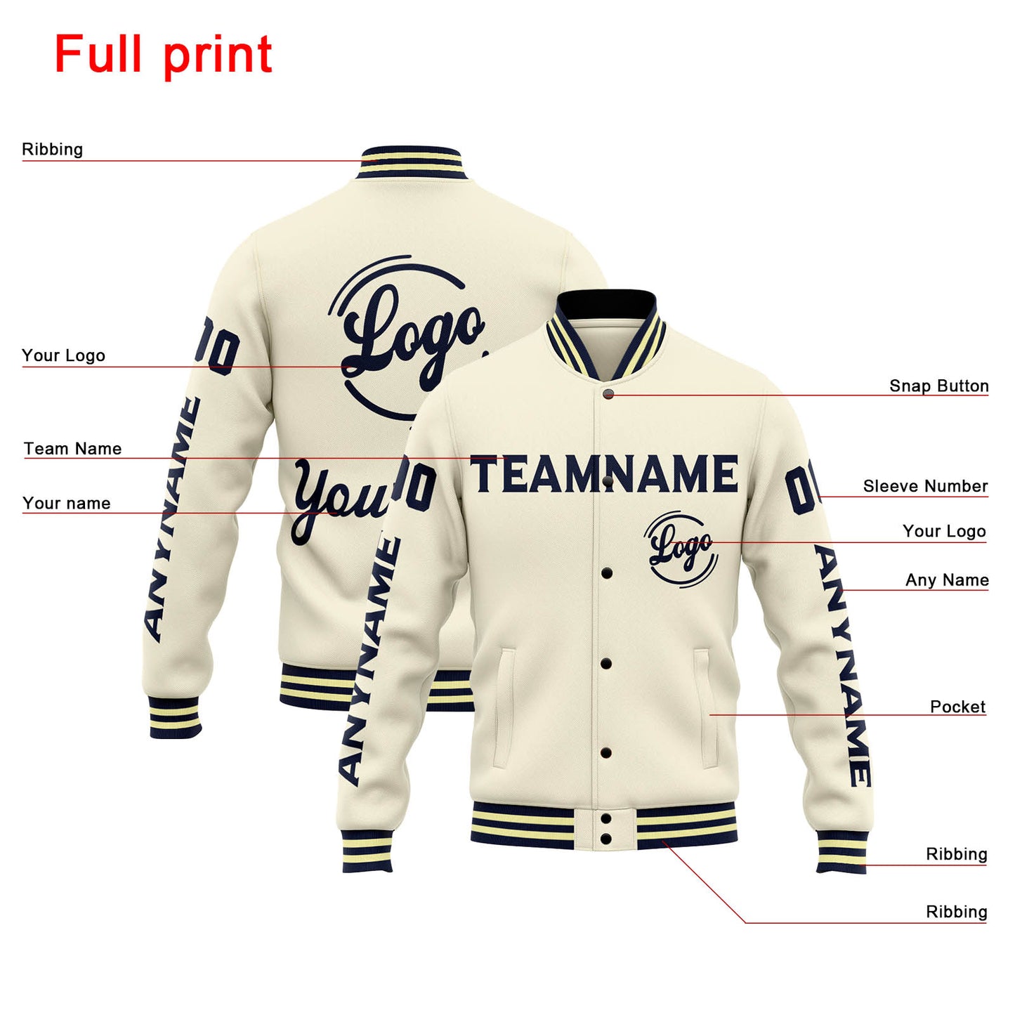 Benutzerdefinierte Varsity-Jacke. Letterman-Jacke für Männer, Frauen und Jugendliche Creme Marine