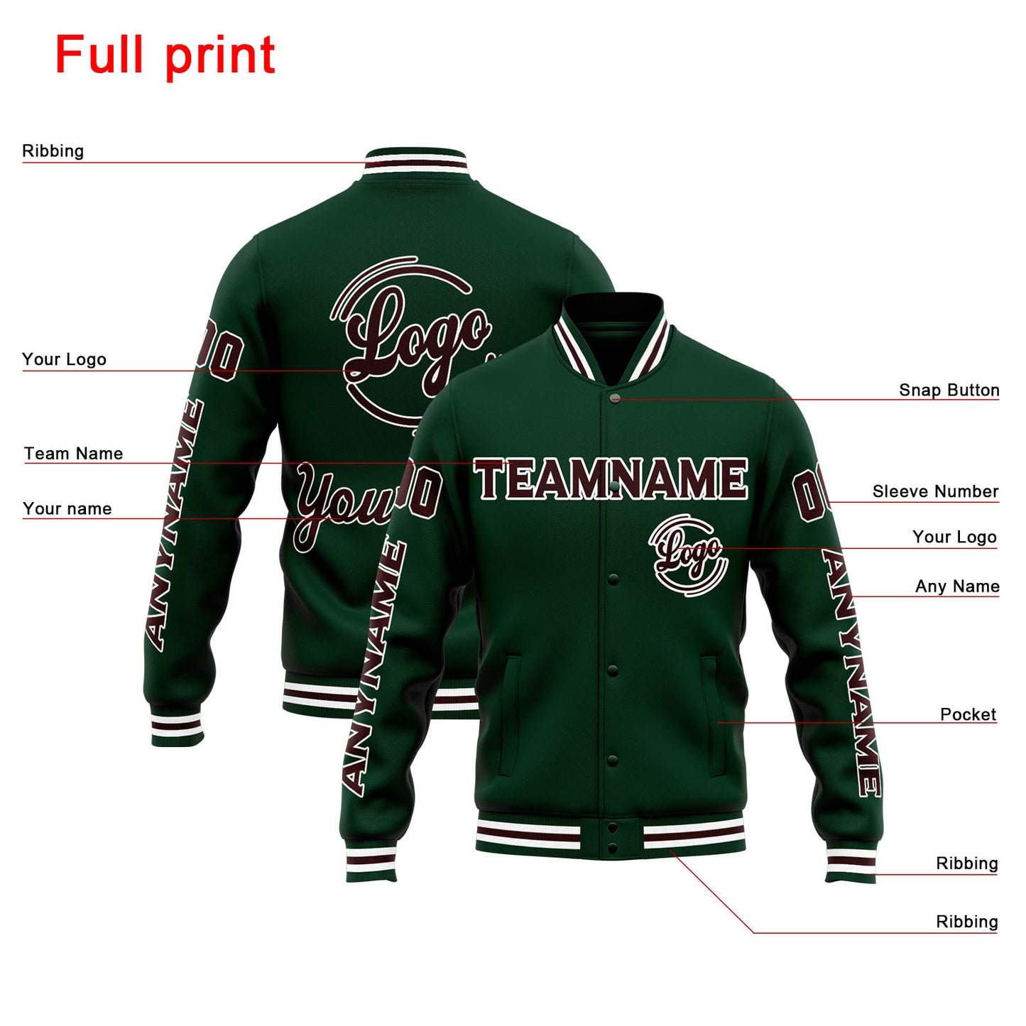Benutzerdefinierte Varsity-Jacke. Letterman-Jacke für Männer, Frauen und Jugendliche Grün Braun
