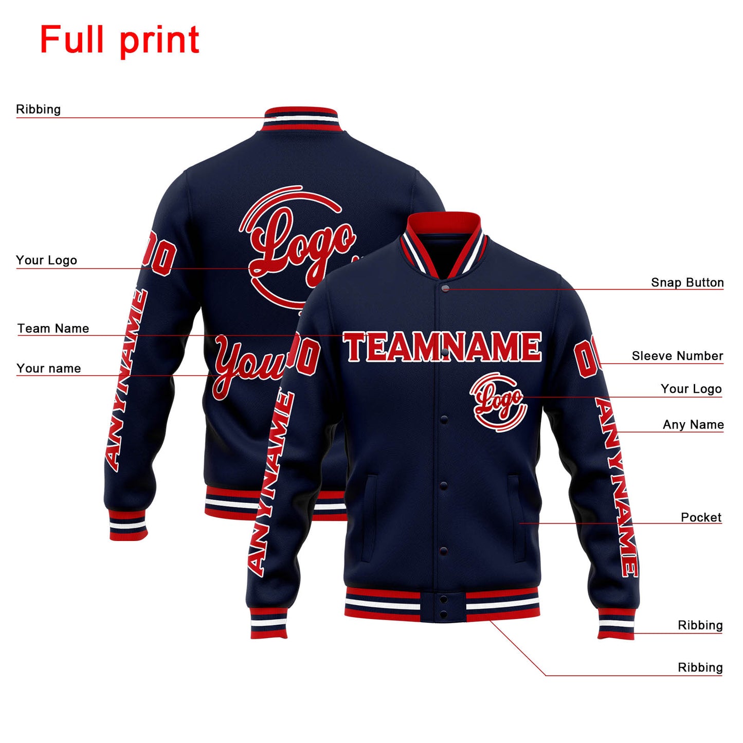 Benutzerdefinierte Varsity-Jacke. Letterman-Jacke für Männer, Frauen und Jugendliche Marine Rot