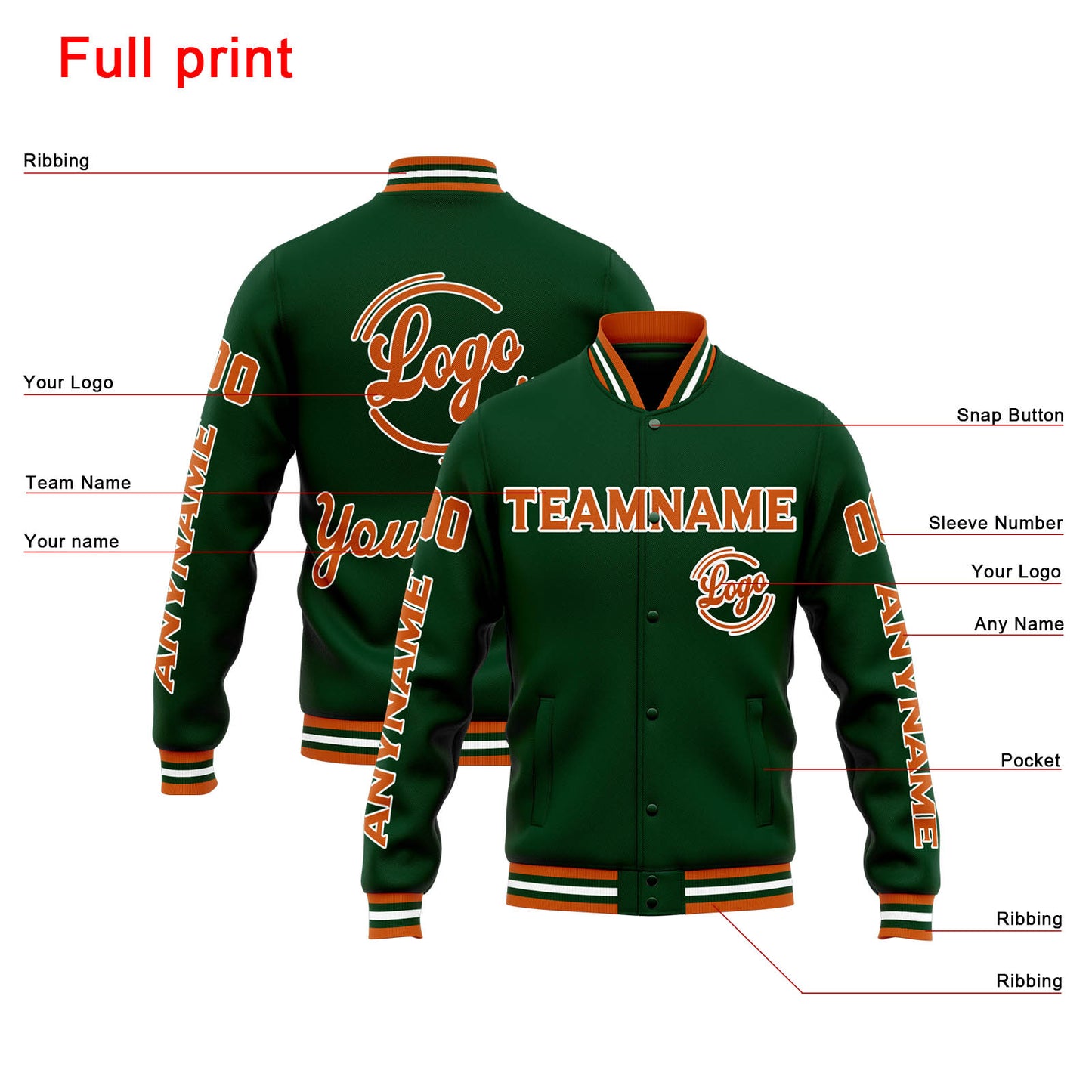 Benutzerdefinierte Varsity-Jacke. Letterman-Jacke für Männer, Frauen und Jugendliche Drak Grün Orange