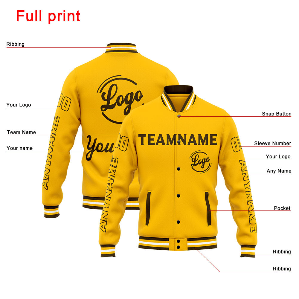 Benutzerdefinierte Varsity-Jacke. Letterman-Jacke für Männer, Frauen und Jugendliche Braun Gelb