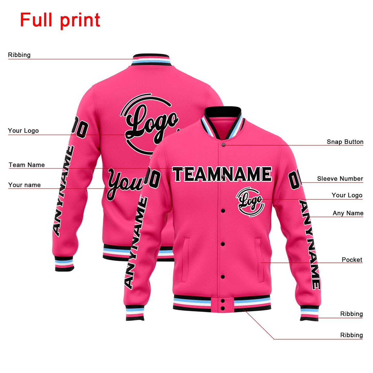 Benutzerdefinierte Varsity-Jacke. Letterman-Jacke für Männer, Frauen und Jugendliche Rosa Schwarz