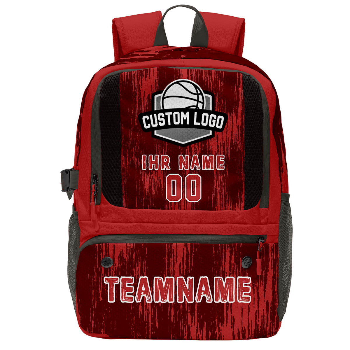 Personalisierter roter und grauer Basketball - und Fußballrucksack mit Spielernamen & Nummern und Teamlogo #BP-0919-0032