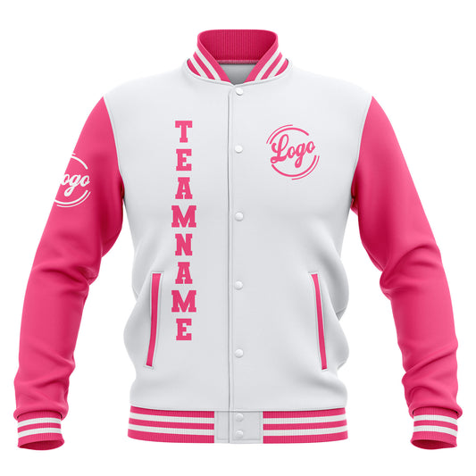 Benutzerdefiniert Weiß Rosa Wasserdichte Varsity Jacken Personalisiert genäht Name Nummer Logo zu Letterman Jacken