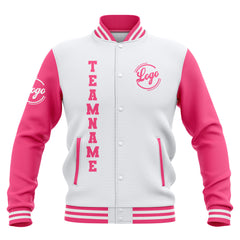 Benutzerdefiniert Weiß Rosa Wasserdichte Varsity Jacken Personalisiert genäht Name Nummer Logo zu Letterman Jacken