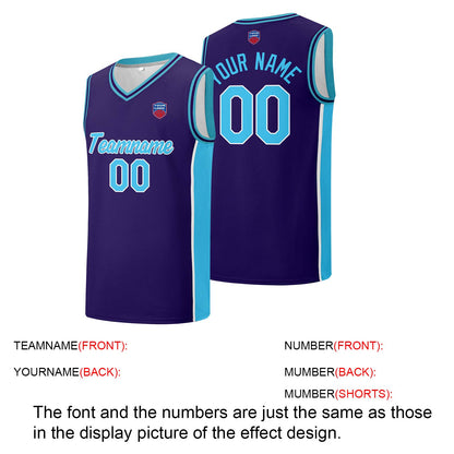 Individuelle Basketball-Jersey-Shorts für Männer und Frauen. Gestickter und gedruckter Name, Nummer und Logo Lila&Hellblau