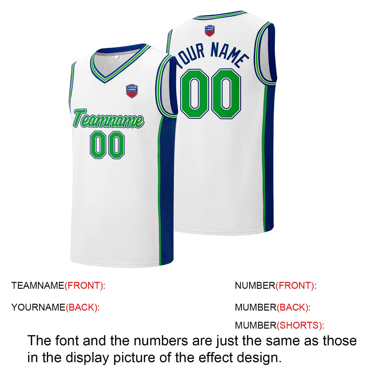 Individuelle Basketball-Jersey-Shorts für Männer und Frauen. Gestickter und gedruckter Name, Nummer und Logo Weiß&Royal&Grün