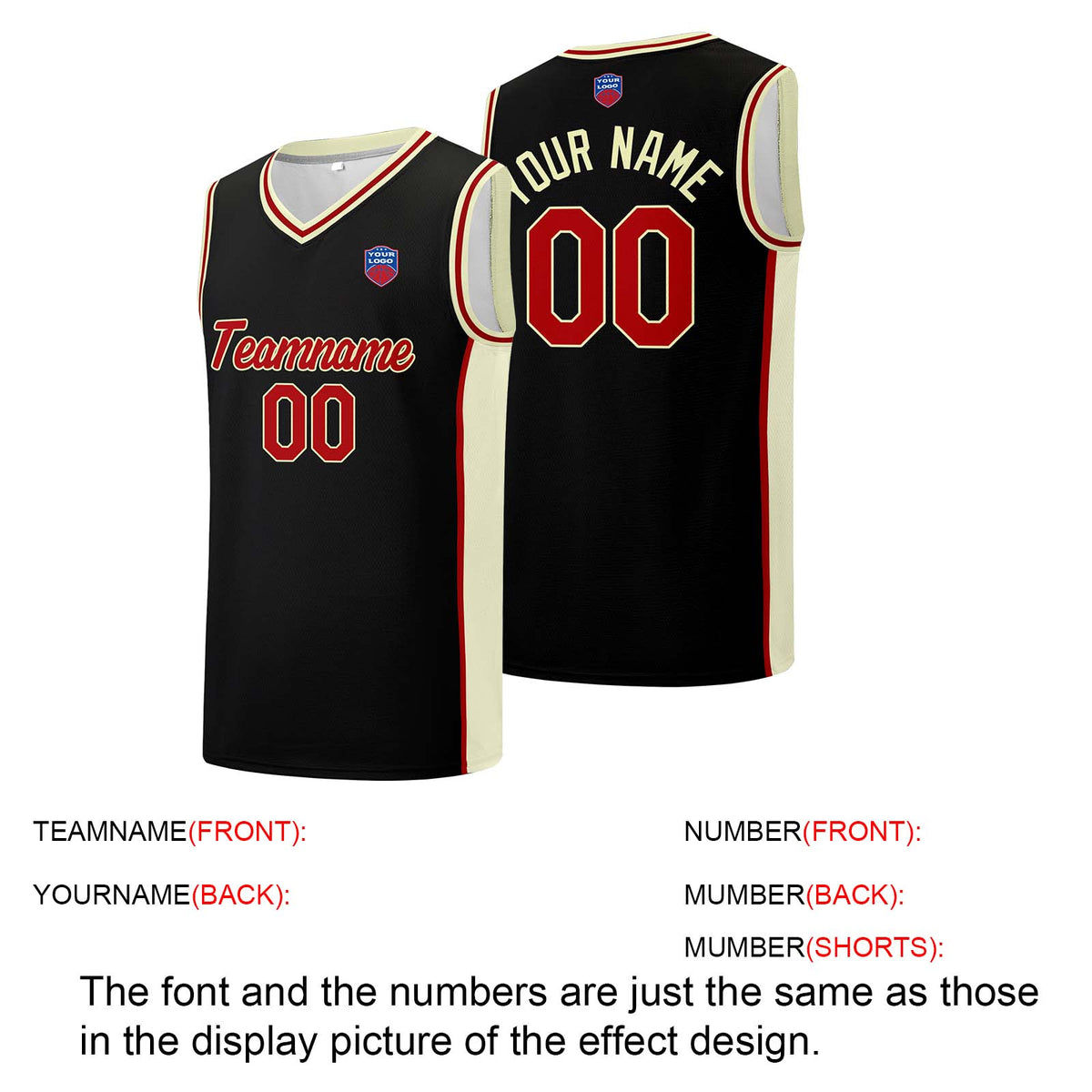 Individuelle Basketball-Jersey-Shorts für Männer und Frauen. Gestickter und gedruckter Name, Nummer und Logo Schwarz&Creme