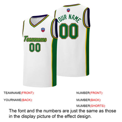 Individuelle Basketball-Jersey-Shorts für Männer und Frauen. Gestickter und gedruckter Name, Nummer und Logo Weiß&Grün&Gelb&Lila