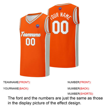 Individuelle Basketball-Jersey-Shorts für Männer und Frauen. Gestickter und gedruckter Name, Nummer und Logo Orange&Grau