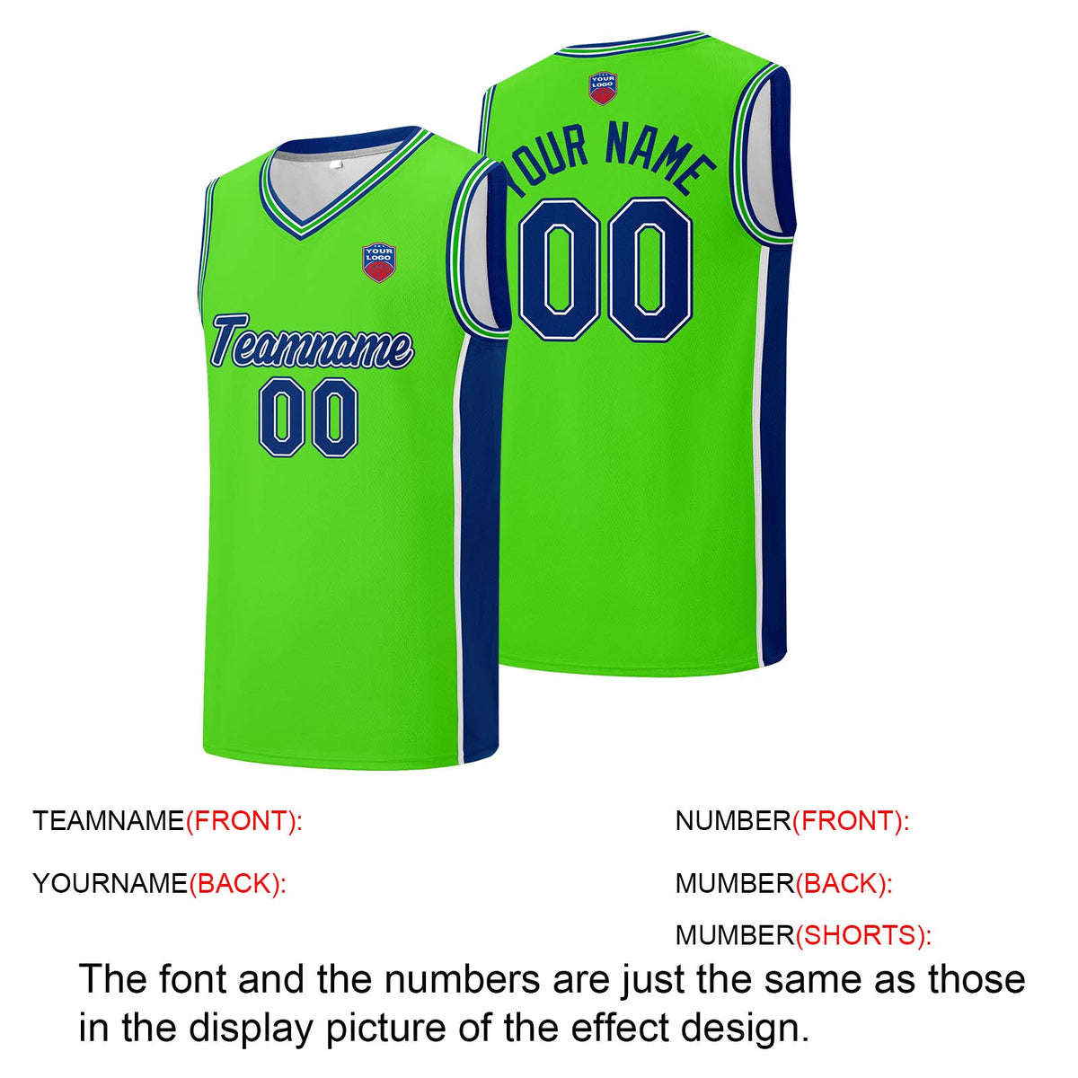 Individuelle Basketball-Jersey-Shorts für Männer und Frauen. Gestickter und gedruckter Name, Nummer und Logo Neon Grün&Royal