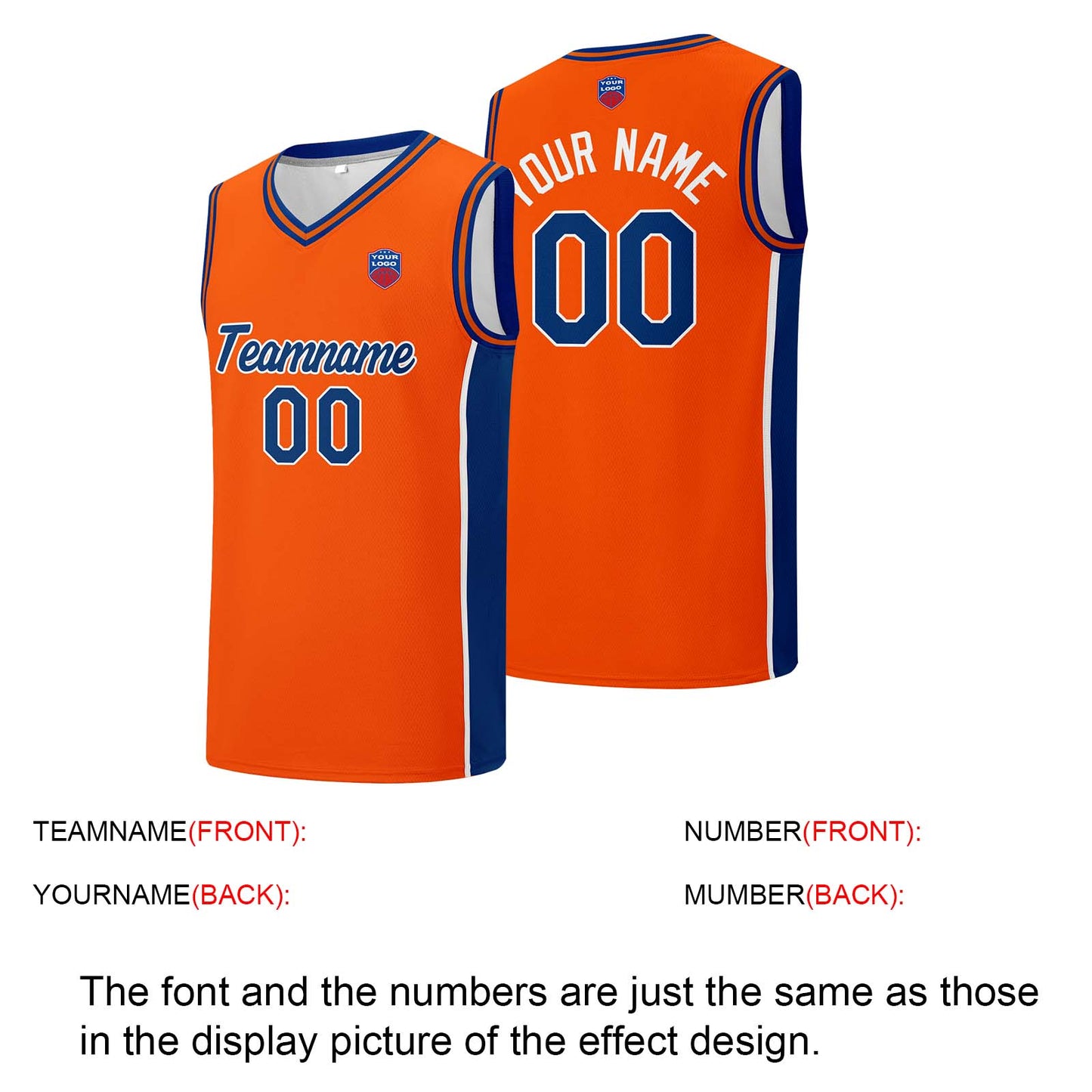 Individuelle Basketball-Jersey-Shorts für Männer und Frauen. Gestickter und gedruckter Name, Nummer und Logo Orange