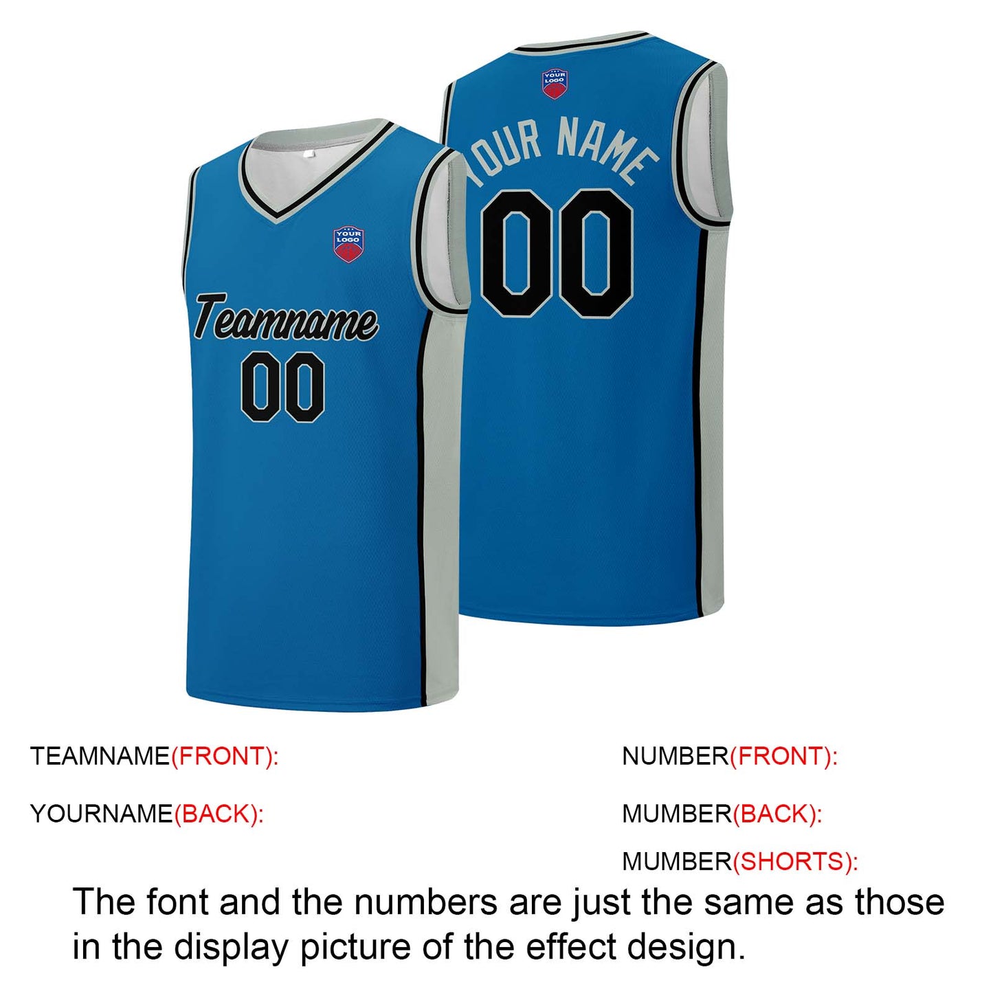 Individuelle Basketball-Jersey-Shorts für Männer und Frauen. Gestickter und gedruckter Name, Nummer und Logo Blau&Grau