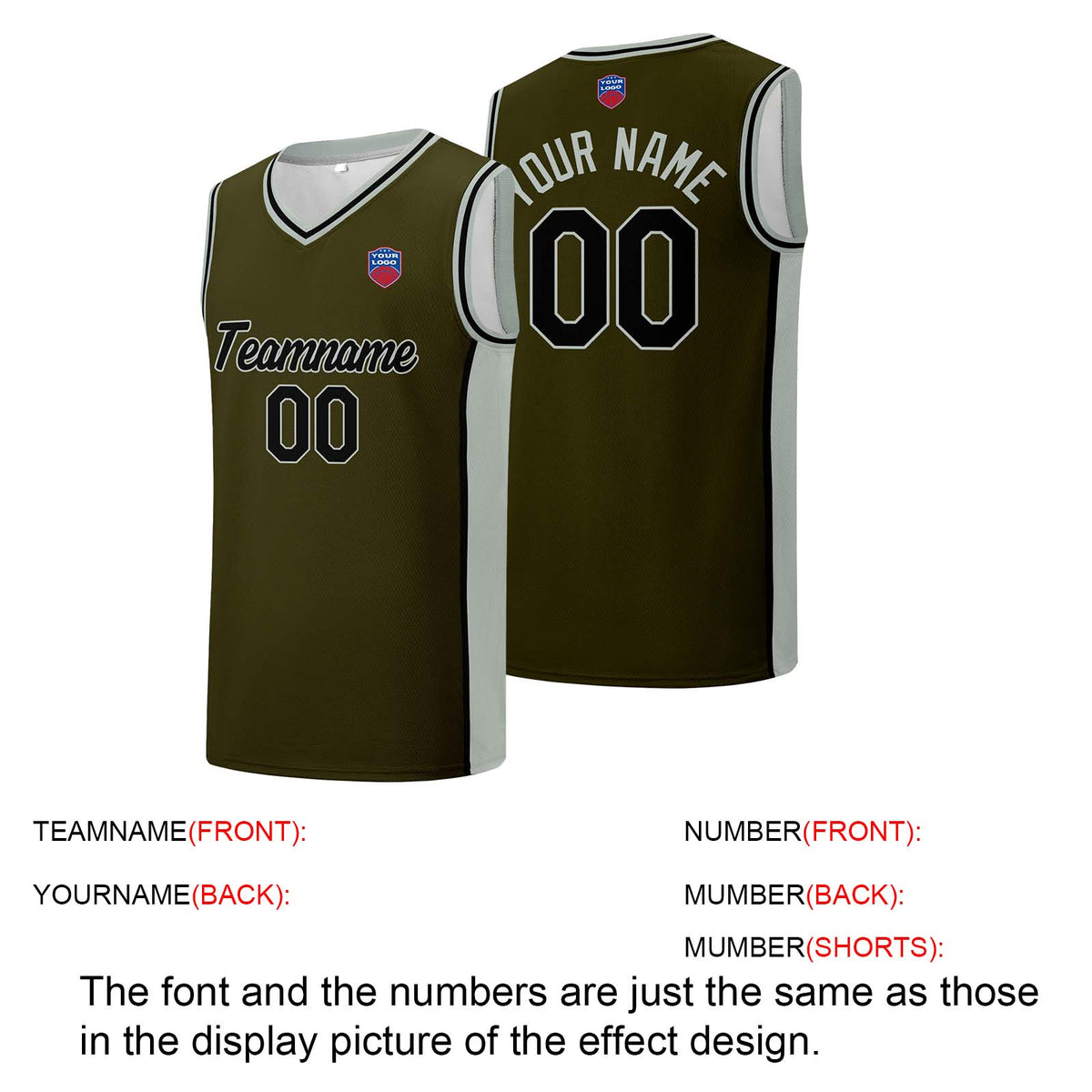 Individuelle Basketball-Jersey-Shorts für Männer und Frauen. Gestickter und gedruckter Name, Nummer und Logo Olivgrün&Grau