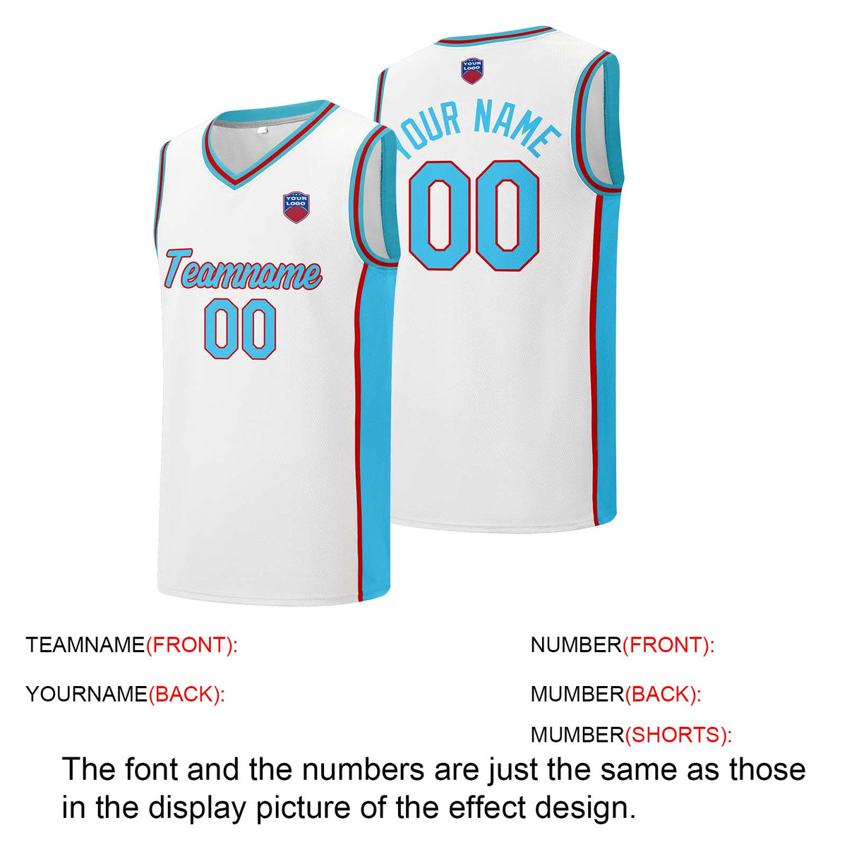 Individuelle Basketball-Jersey-Shorts für Männer und Frauen. Gestickter und gedruckter Name, Nummer und Logo Weiß&Hellblau&Rot