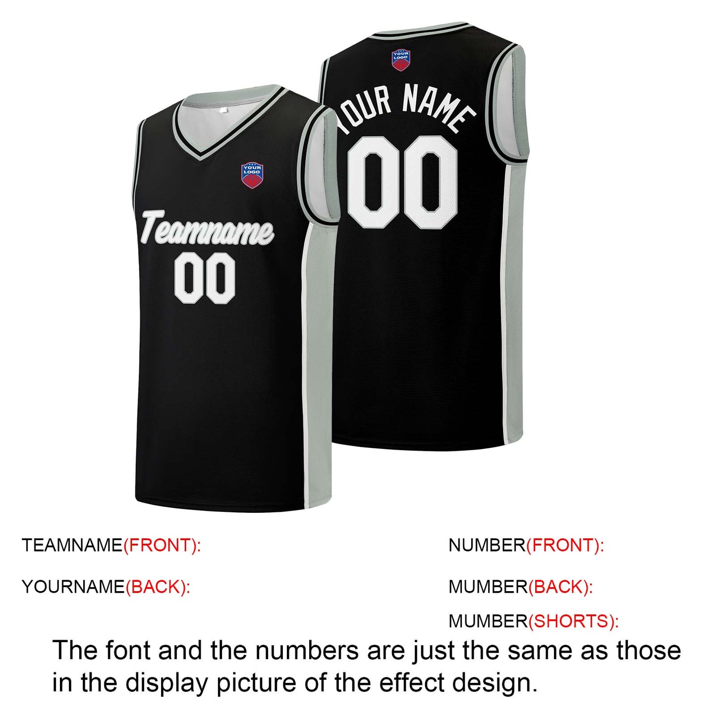 Individuelle Basketball-Jersey-Shorts für Männer und Frauen. Gestickter und gedruckter Name, Nummer und Logo Schwarz&Grau