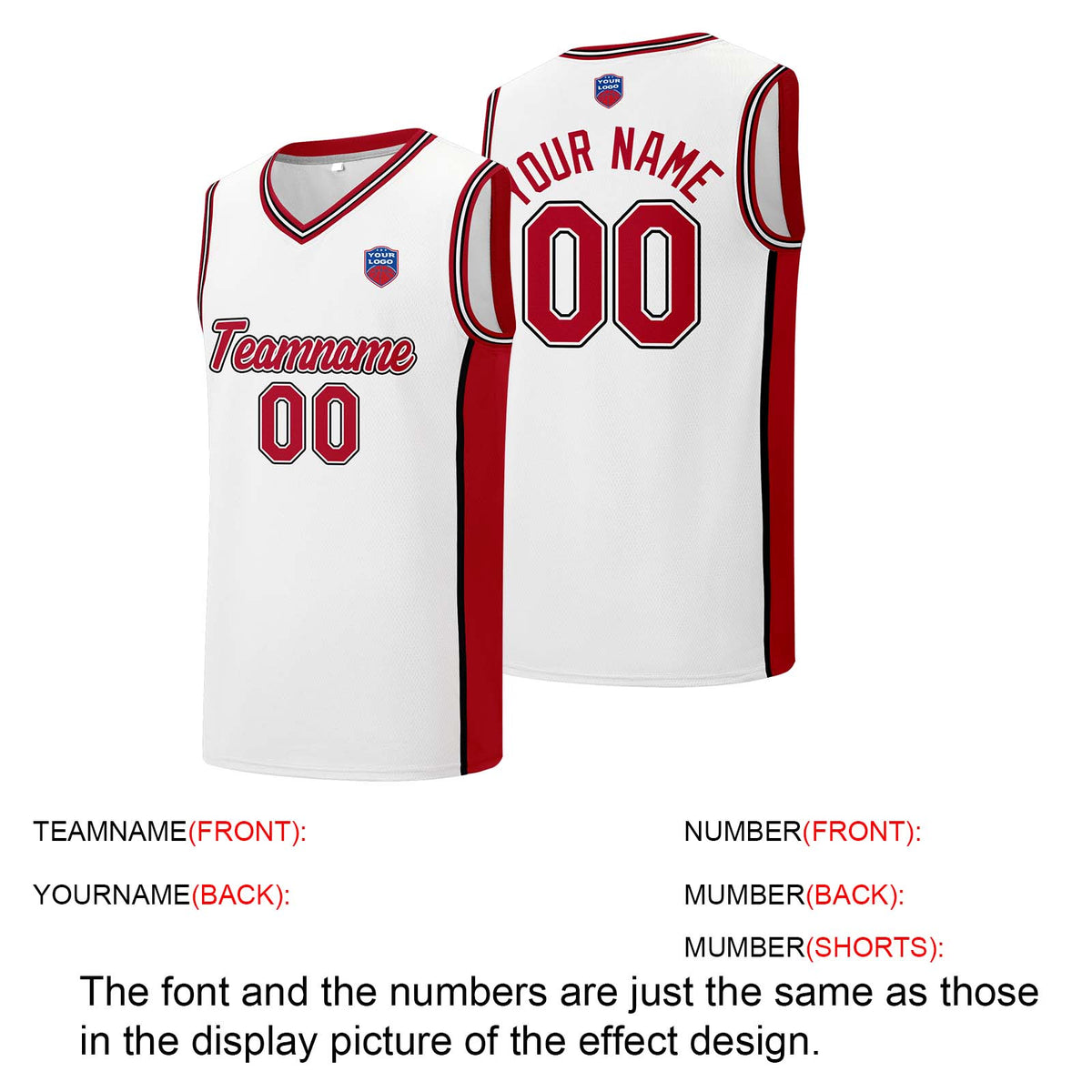 Individuelle Basketball-Jersey-Shorts für Männer und Frauen. Gestickter und gedruckter Name, Nummer und Logo Weiß&Rot
