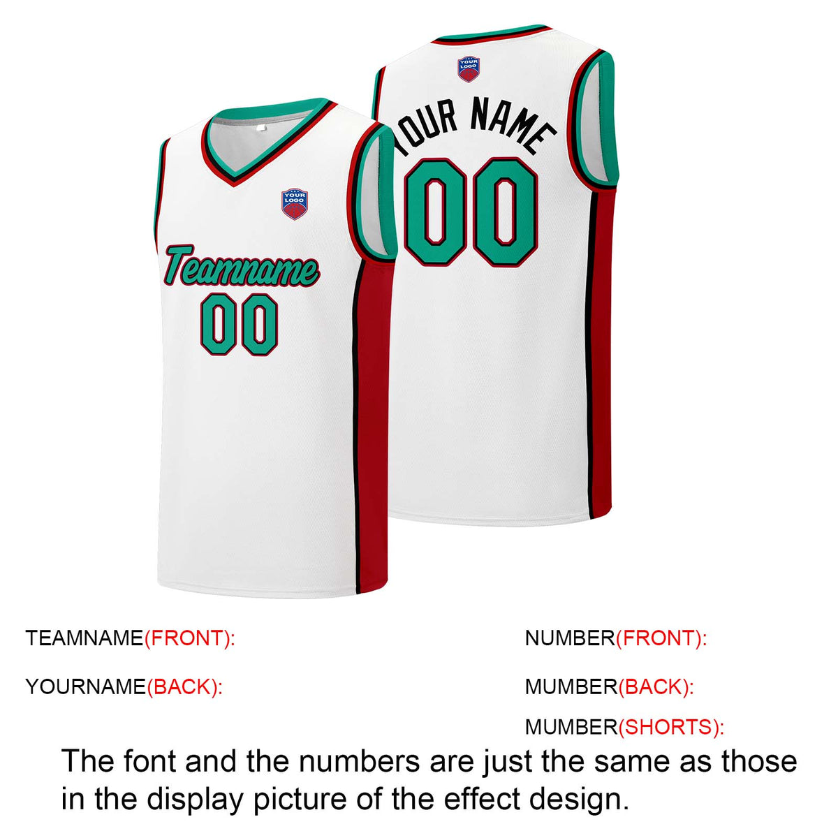 Individuelle Basketball-Jersey-Shorts für Männer und Frauen. Gestickter und gedruckter Name, Nummer und Logo Weiß&Rot&Grün