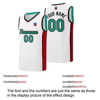 Individuelle Basketball-Jersey-Shorts für Männer und Frauen. Gestickter und gedruckter Name, Nummer und Logo Weiß&Rot&Grün