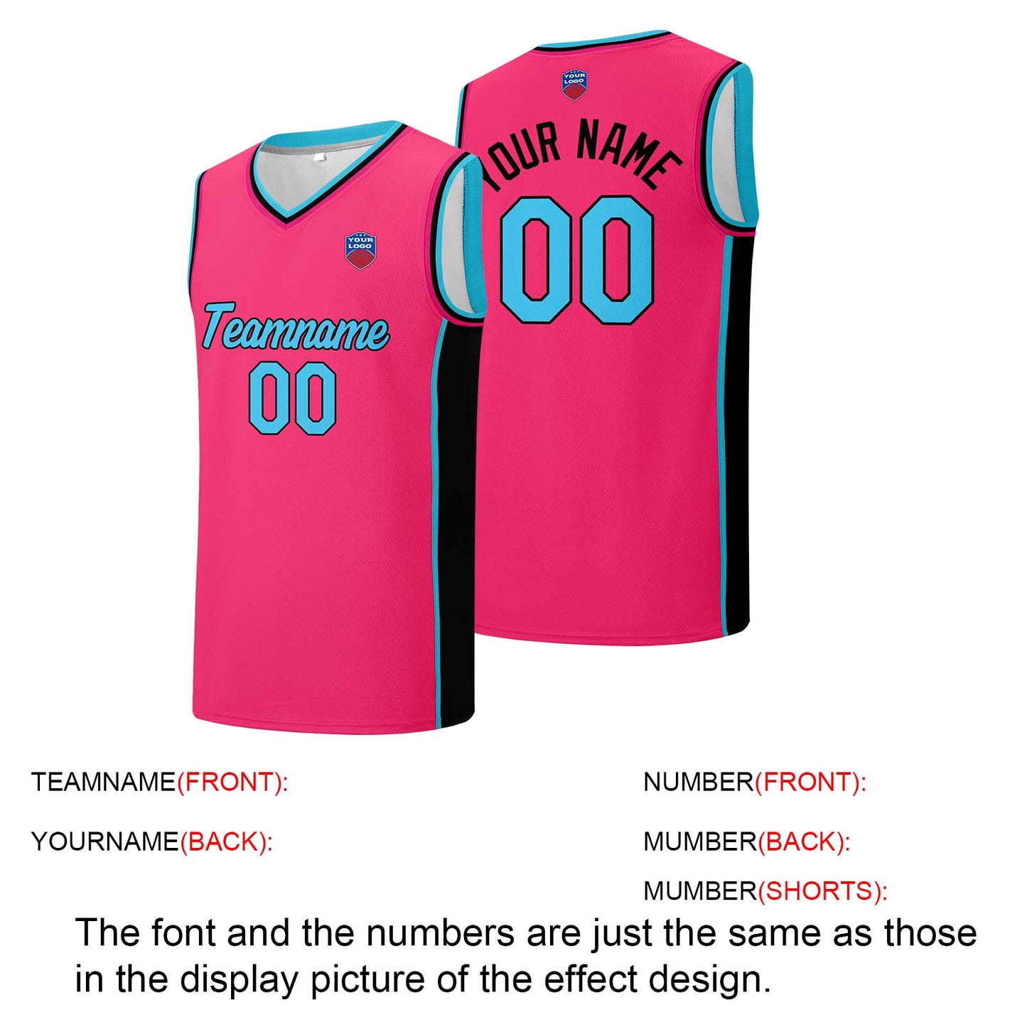 Individuelle Basketball-Jersey-Shorts für Männer und Frauen. Gestickter und gedruckter Name, Nummer und Logo Rosa&Schwarz&Hellblau