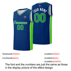 Individuelle Basketball-Jersey-Shorts für Männer und Frauen. Gestickter und gedruckter Name, Nummer und Logo Royal&Neon Grün