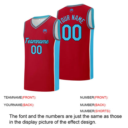 Individuelle Basketball-Jersey-Shorts für Männer und Frauen. Gestickter und gedruckter Name, Nummer und Logo Rot& Hellblau