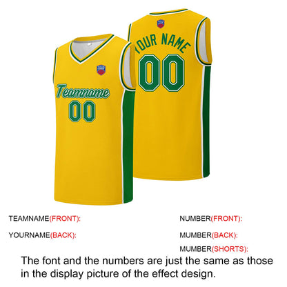 Individuelle Basketball-Jersey-Shorts für Männer und Frauen. Gestickter und gedruckter Name, Nummer und Logo Gelb&Grün